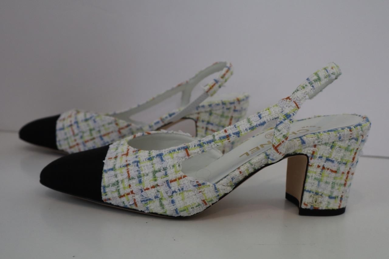 CHANEL White Multicolor Tweed/Black Grosgrain Cap Toe Slingbacks 38.5/US 8.5