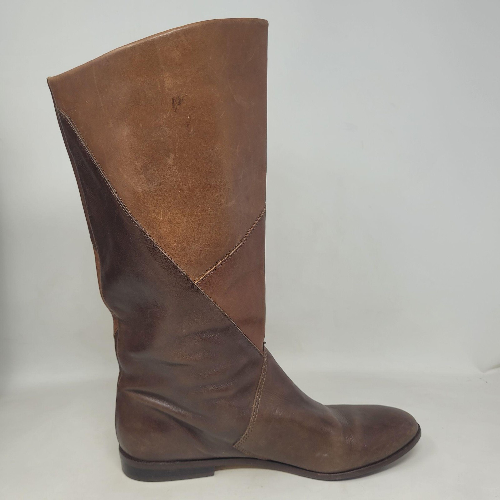 Vintage Brown Leather Boots 9 Patchwork Tall Minimalist 80s Slouchy Boho Retro