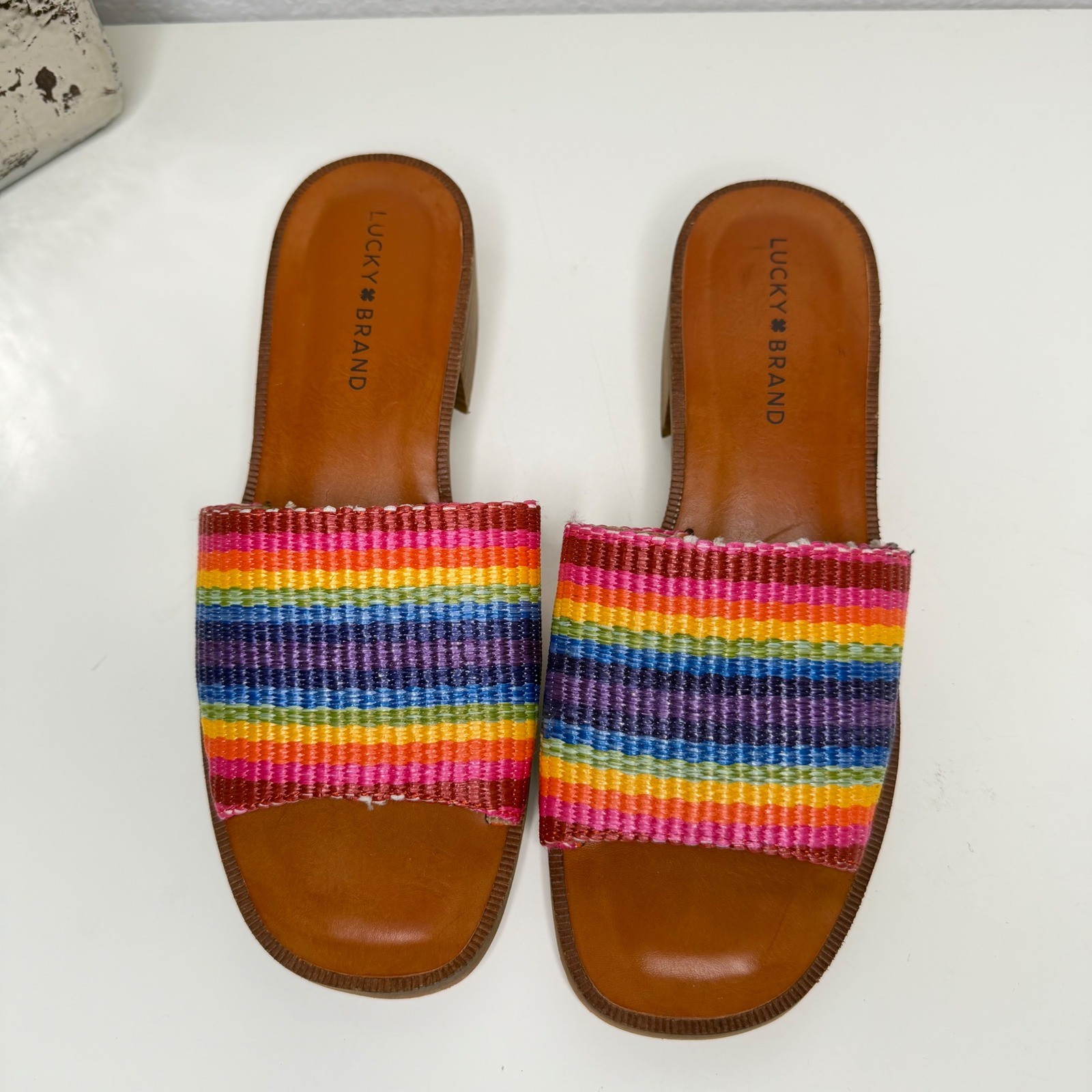 Lucky Brand Frijana Slide Sandals Multi Rainbow Woven Boho Block Heel 8.5M