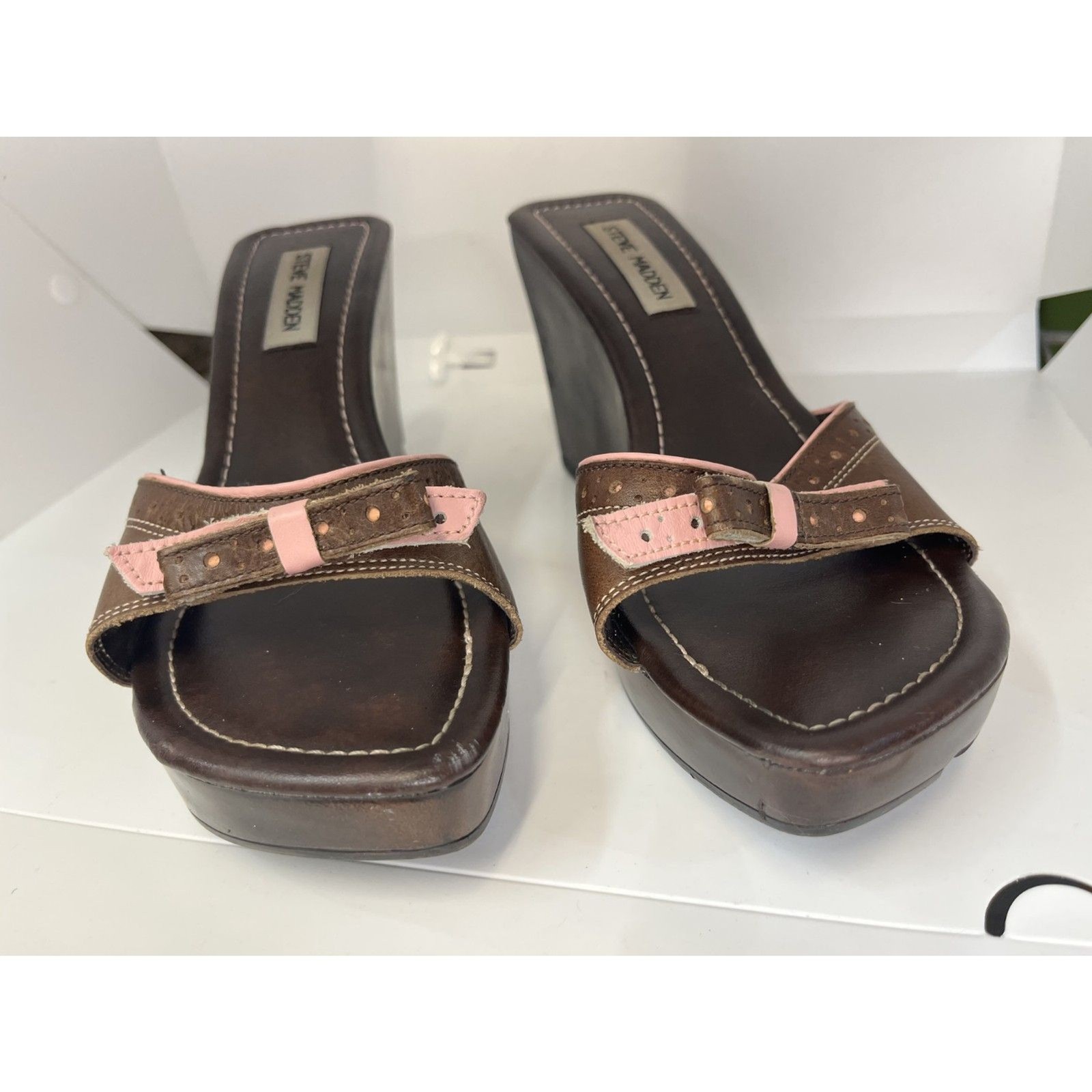 Vintage Y2K Steve Madden brown & pink platform wedges with bows 8/8.5 sandals