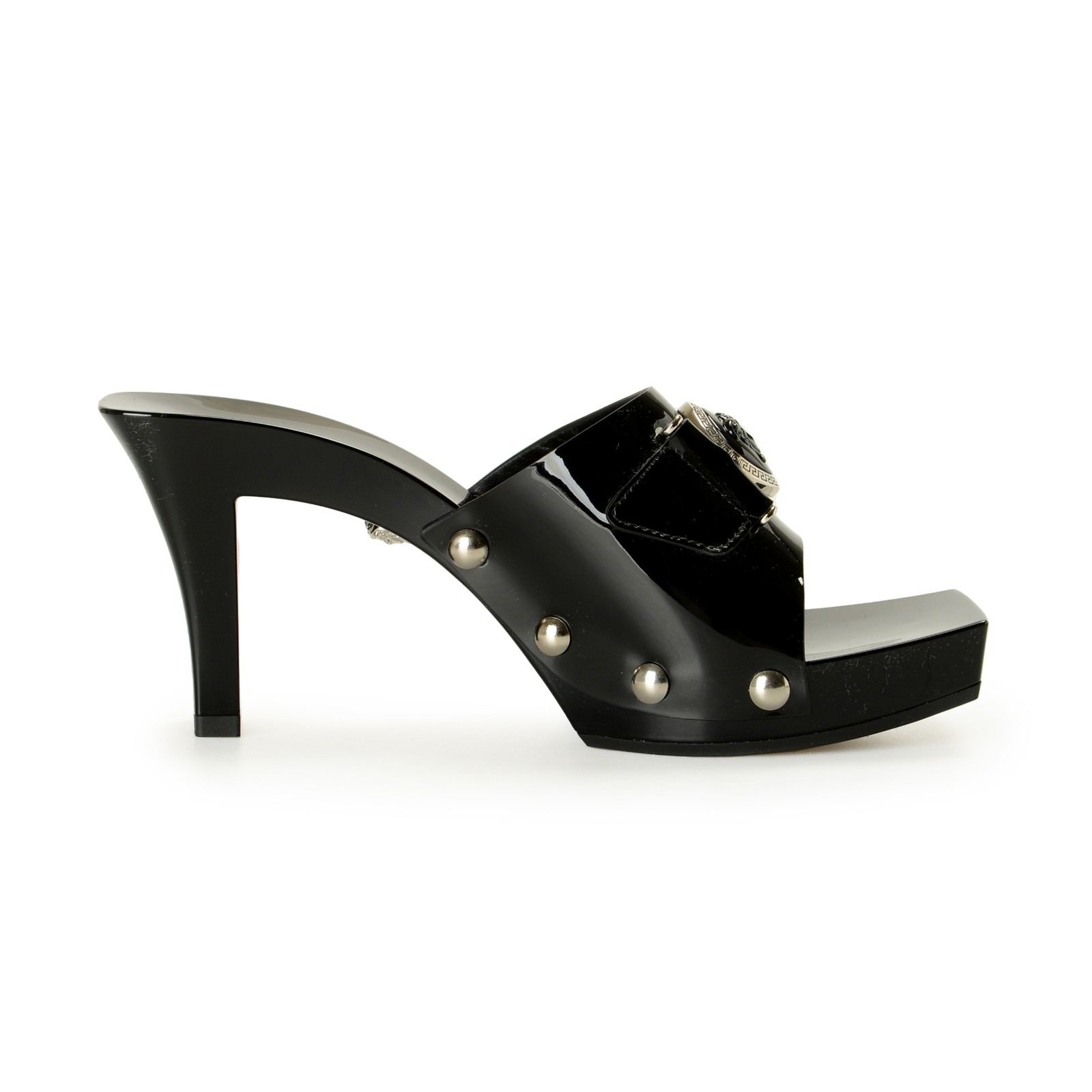 Versace Women’s Black Patent Leather Clog Mules Sandals Shoes US 6 IT 36