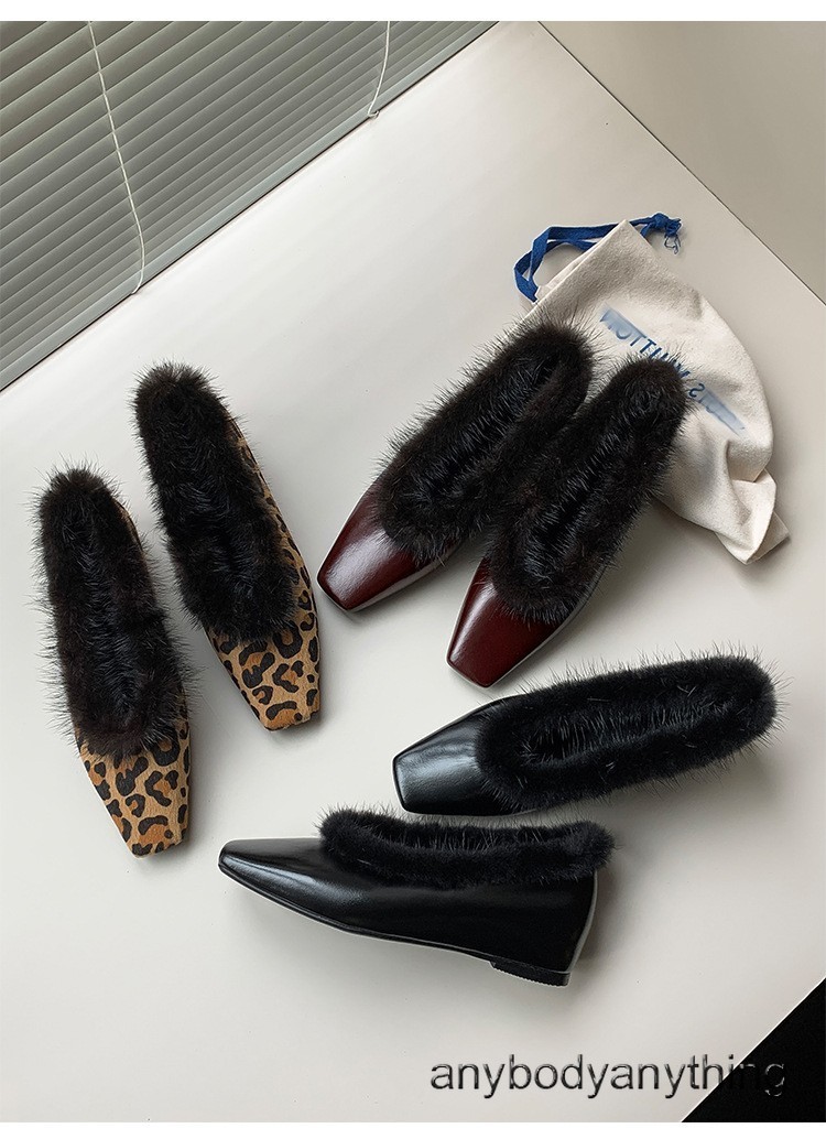 Women Square Toe Real Leather Leopard Print Mink Fur 3.5cm Low Hidden Heel Shoes