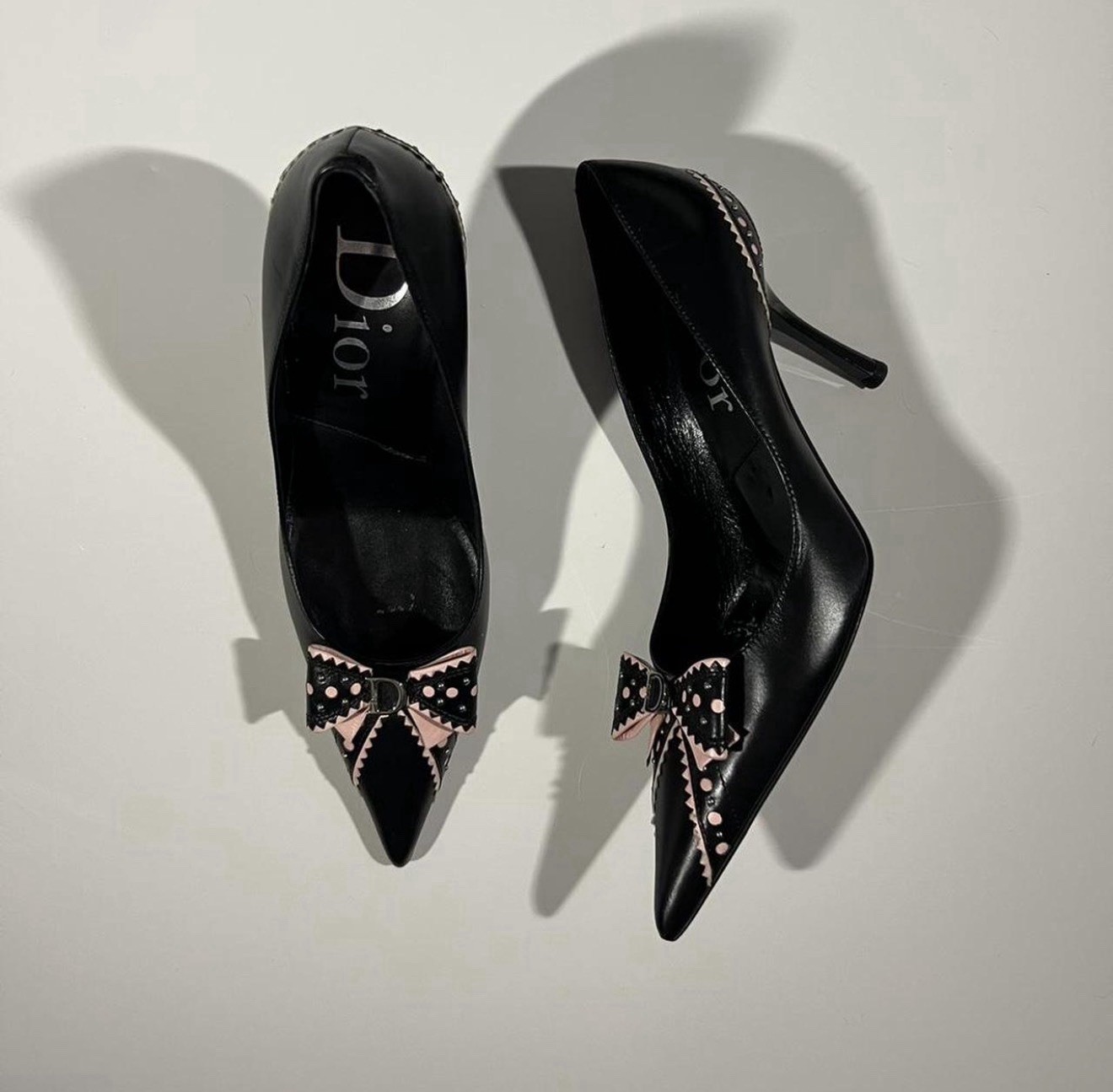 Dior Women’s Leather Pointed Toe Slip On Bow Stiletto Pumps Black Pink US 5.5