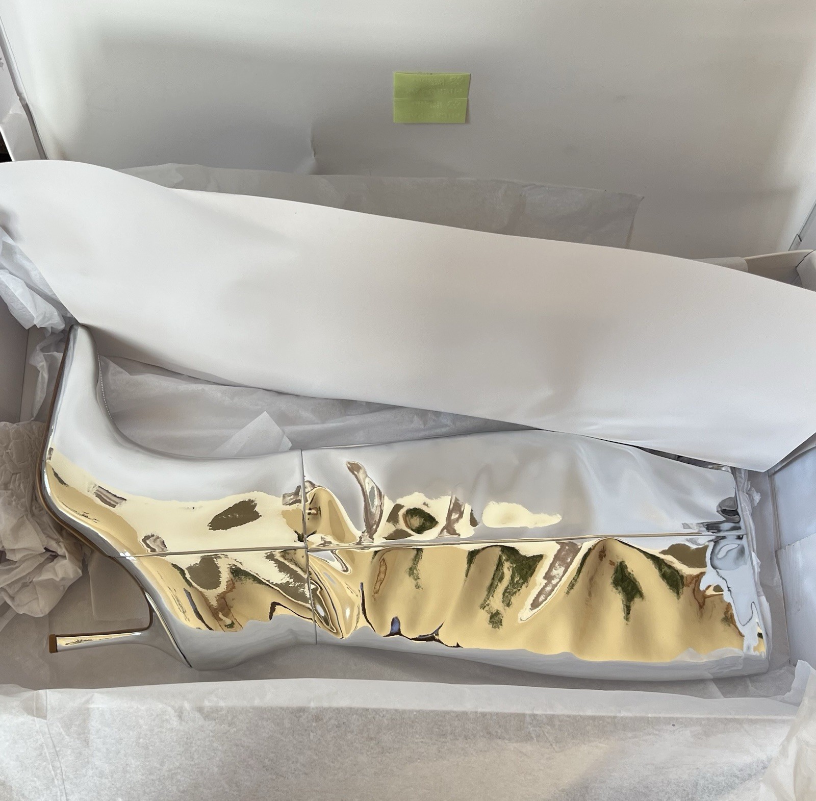 Mirror Silver Knee High 3.6” Stiletto Heel NIB, The Drop Size 8.5