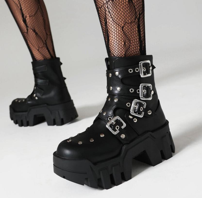 Rivets Ankle Boots Mid Heel Studded Gothic Thick Sole Womens Platform Shoes Punk