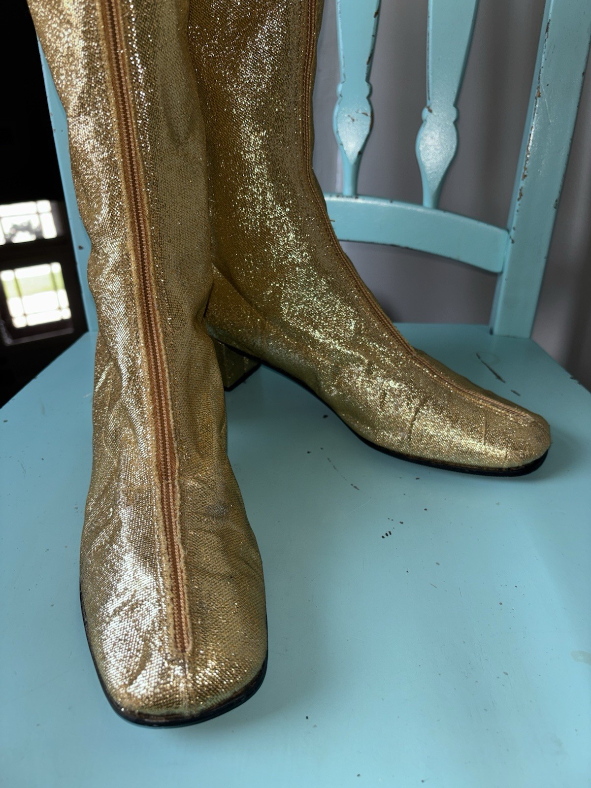 Rare Vintage Women Gold Metallic Lame Knee-High Go Go Boots