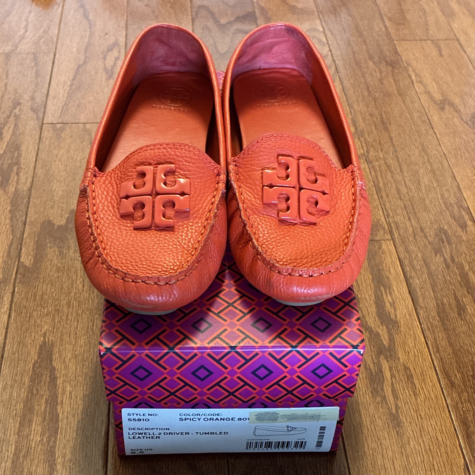 Tory Burch Women’s Orange Leather Slip-On Loafer Flats Logo Comfort Round Toe