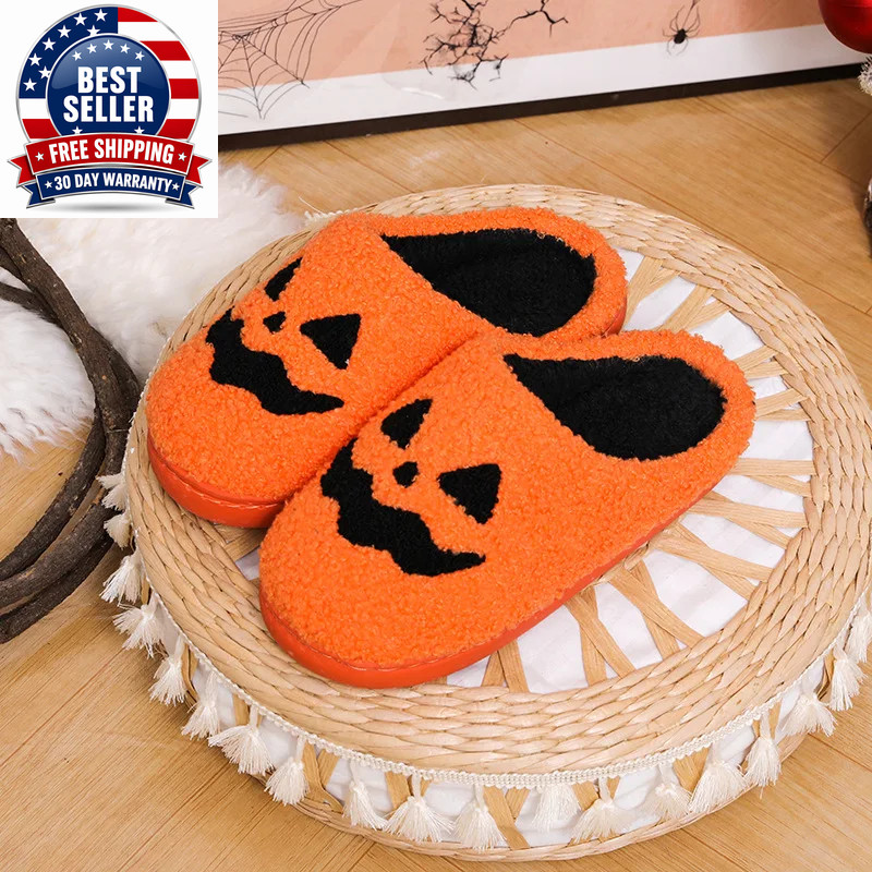 Cozy Halloween Pumpkin Slippers Women Soft Plush Non Slip Indoor Cotton Slides W