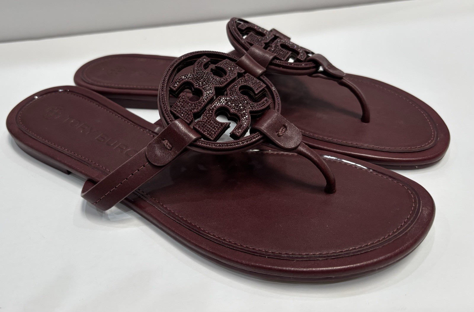 Tory Burch Miller Maroon Leather Pave Crystal Embellished Logo Sandals Sz 10 M