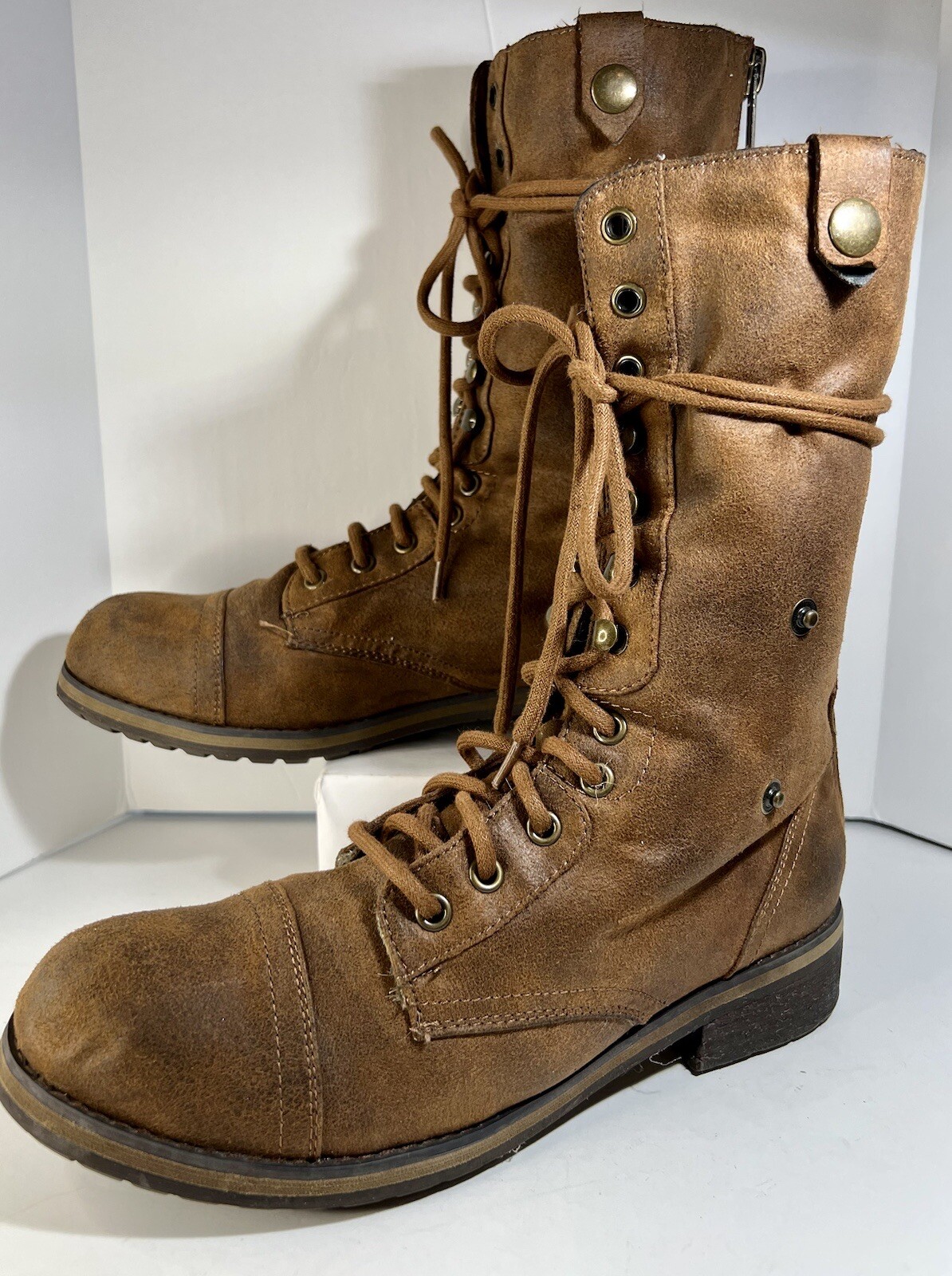 Madden Girl 9M Brown Combat Boots Destinn Faux Fur Lined Lace Up Zip Back 1”