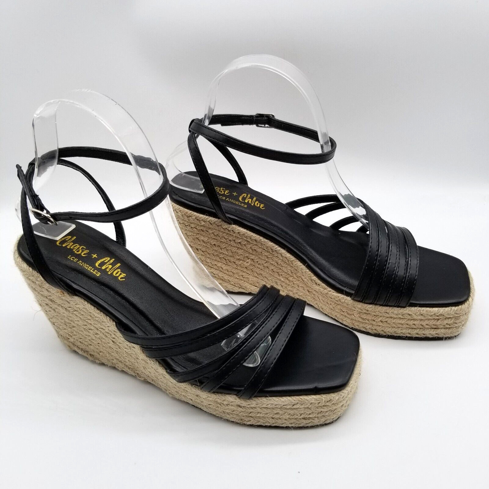 Chase Chloe Women Strappy Wedge Sandals Size 9 Ankle Strap Black Faux Leather