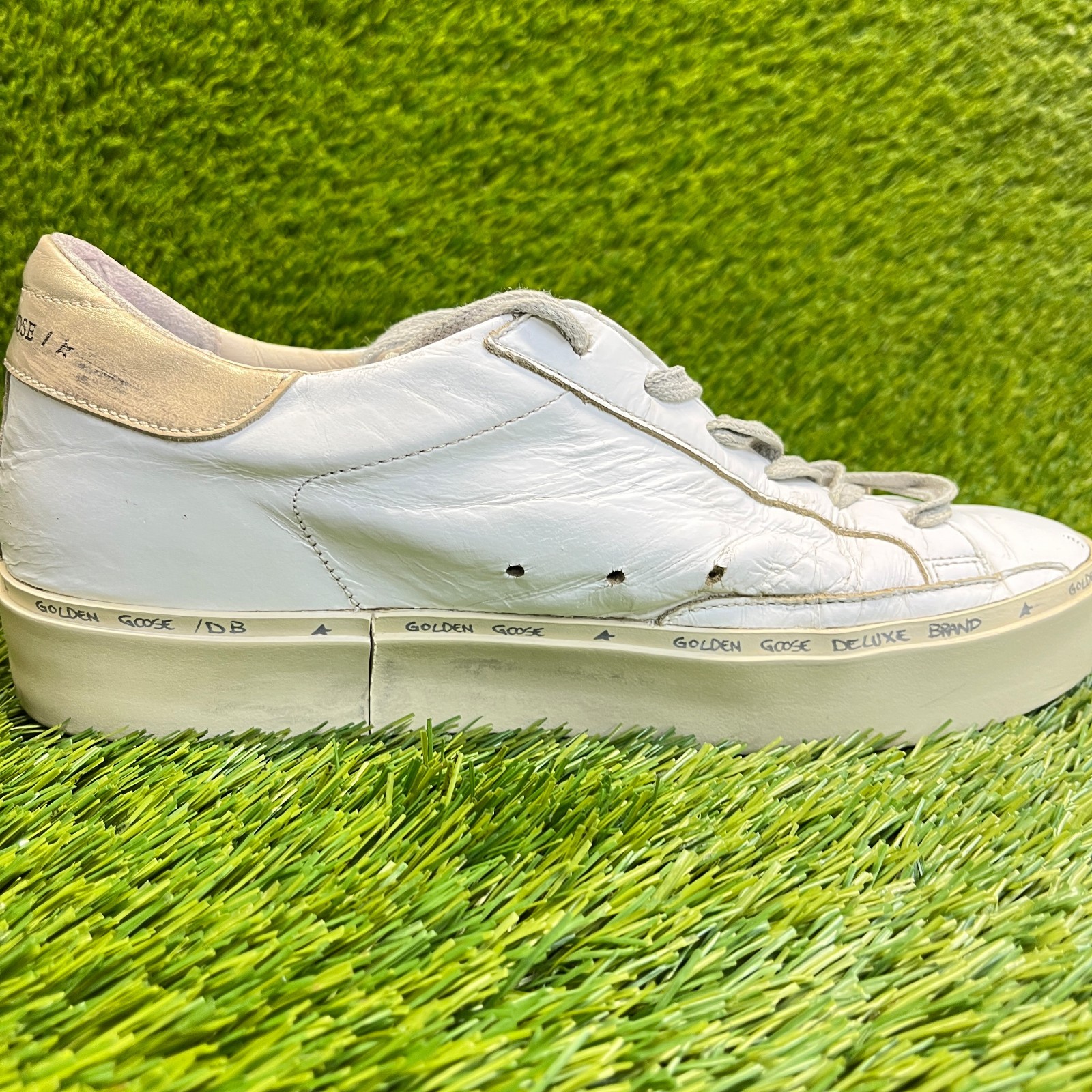Golden Goose Hi Star Womens Size 9 White Beige Athletic Leather Shoes Sneakers
