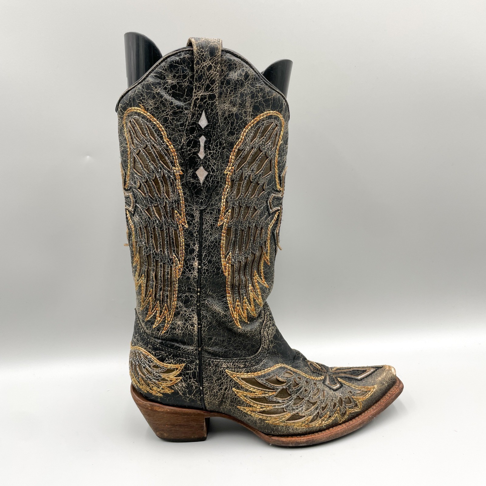 Corral Womens 8.5 Distressed Black Gold Angel Wing Cross Snip Toe Boots Western