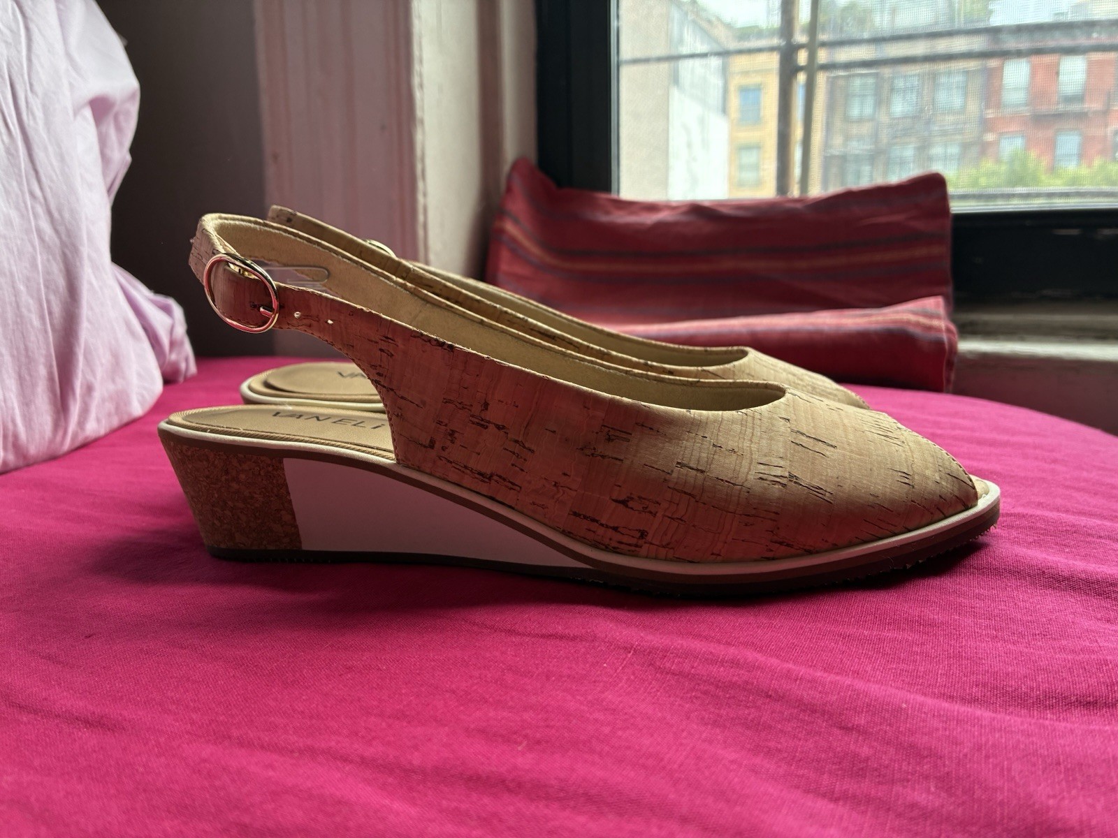 Vaneli Women’s Cork Slingback Wedge Peep Toe Buckle Beige US 8-8.5 M