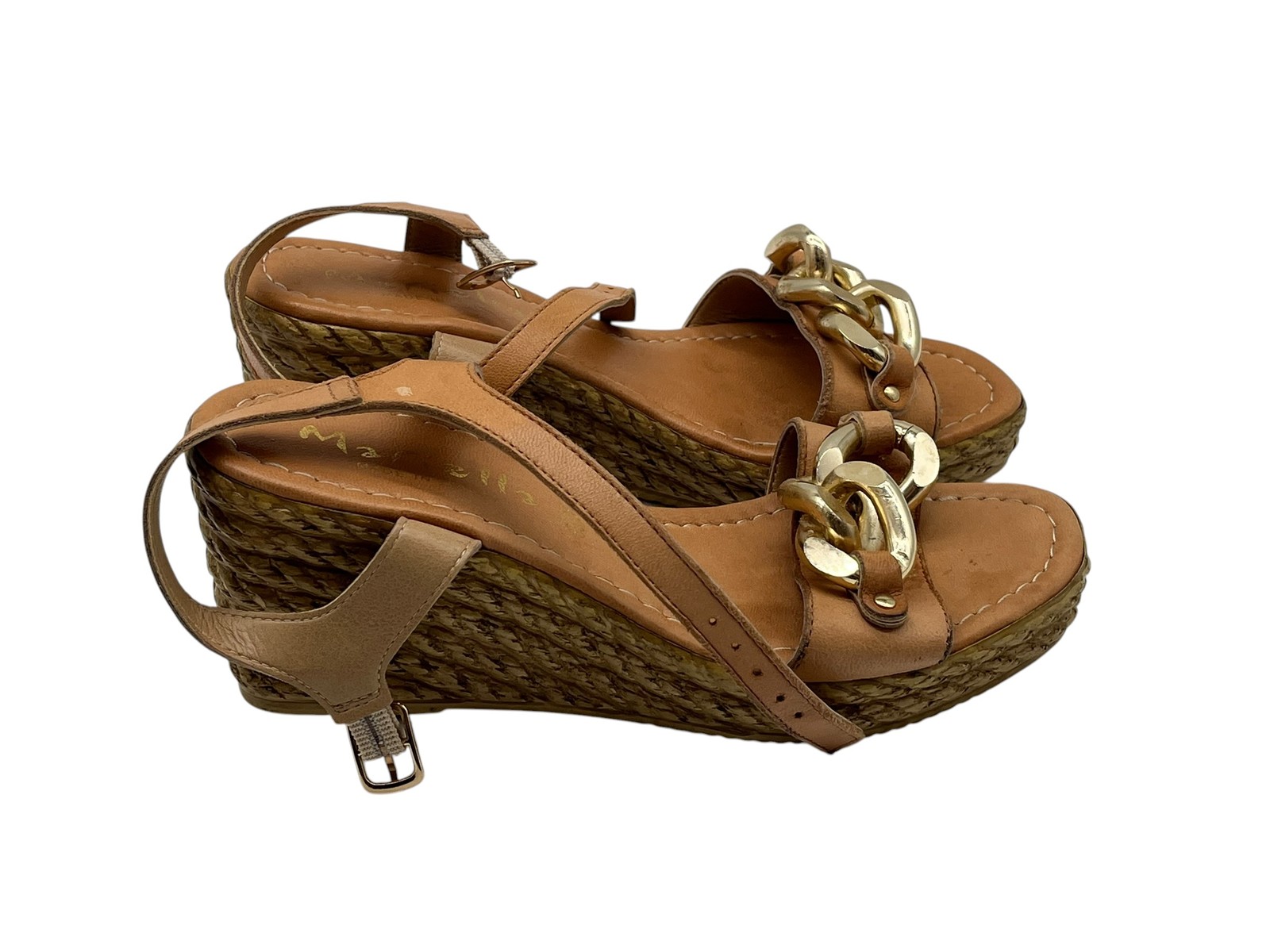 MarIella Women’s Tan Leather Chain Espadrille Wedge Sandals Size 38 Italy