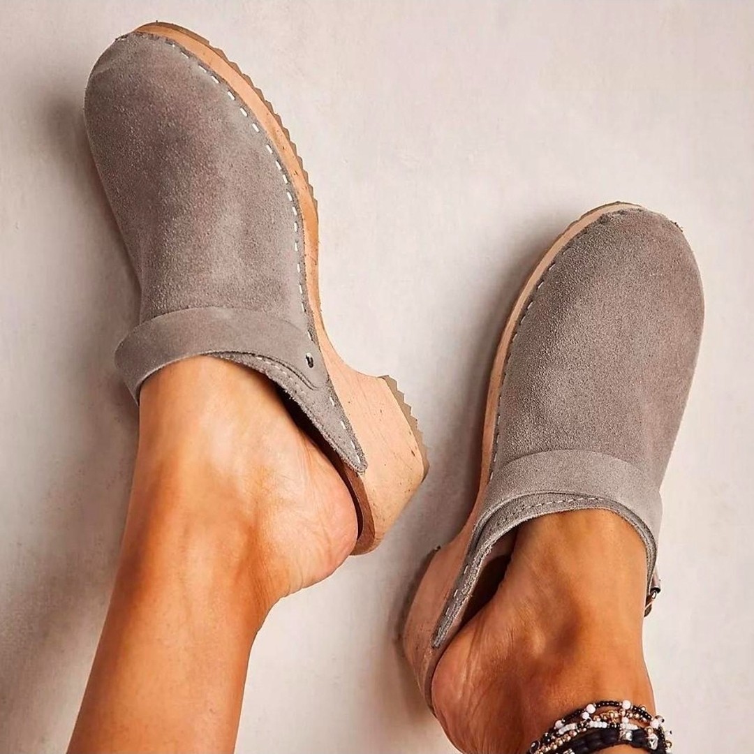 mia taupe suede leather slides mules clogs retro boho cottage hippie indie urban