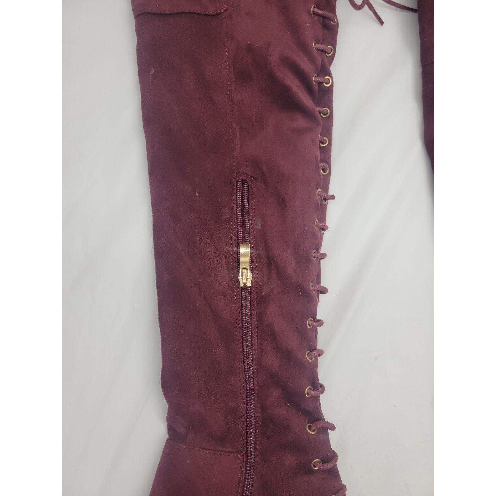 Indulge Size 7 Suede High Heel Over The Knee Boots Lace Up Zip Burgundy Maroon