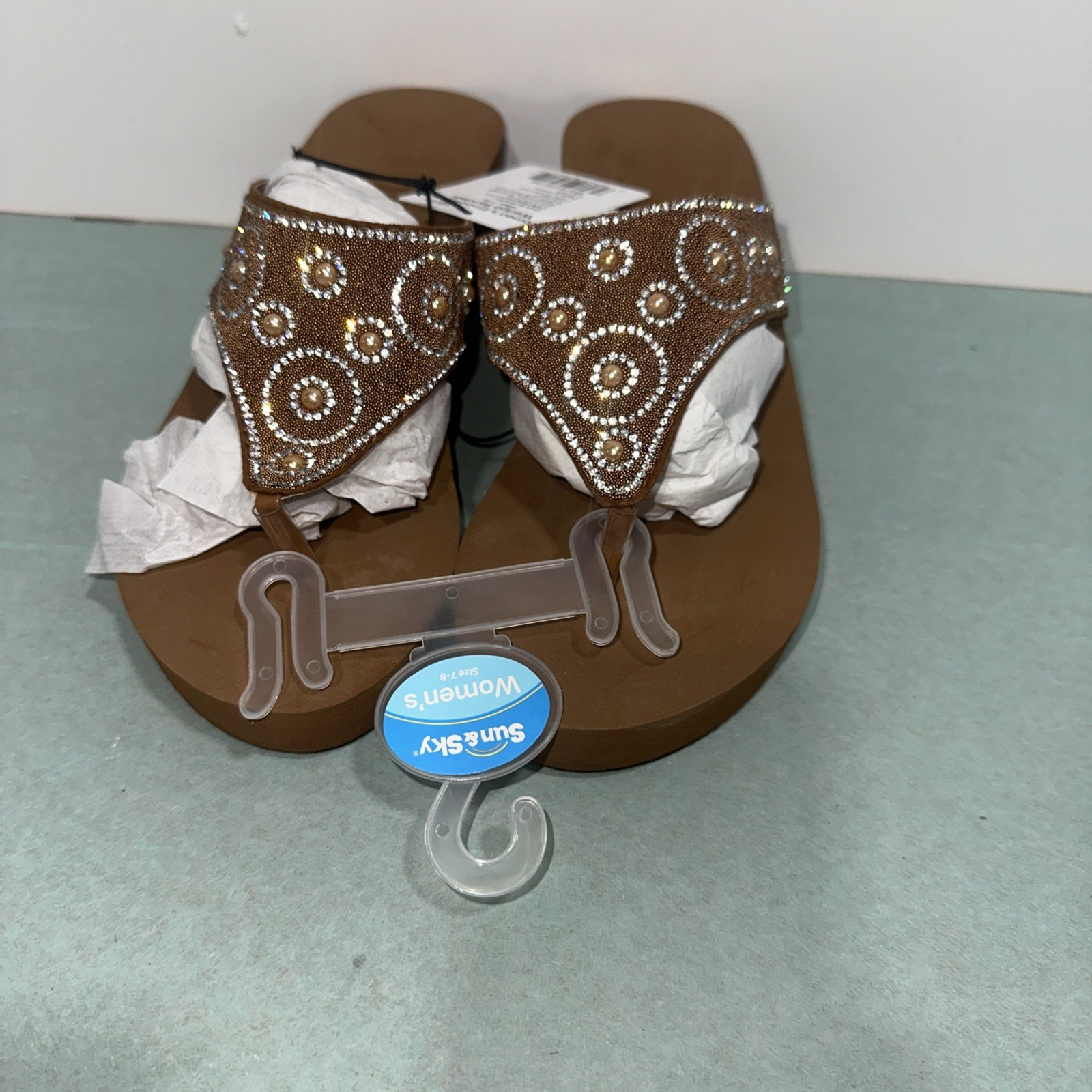 Sun & Sky Women’s 7-8 Brown Embellished Wedge Thong Sandals NWT