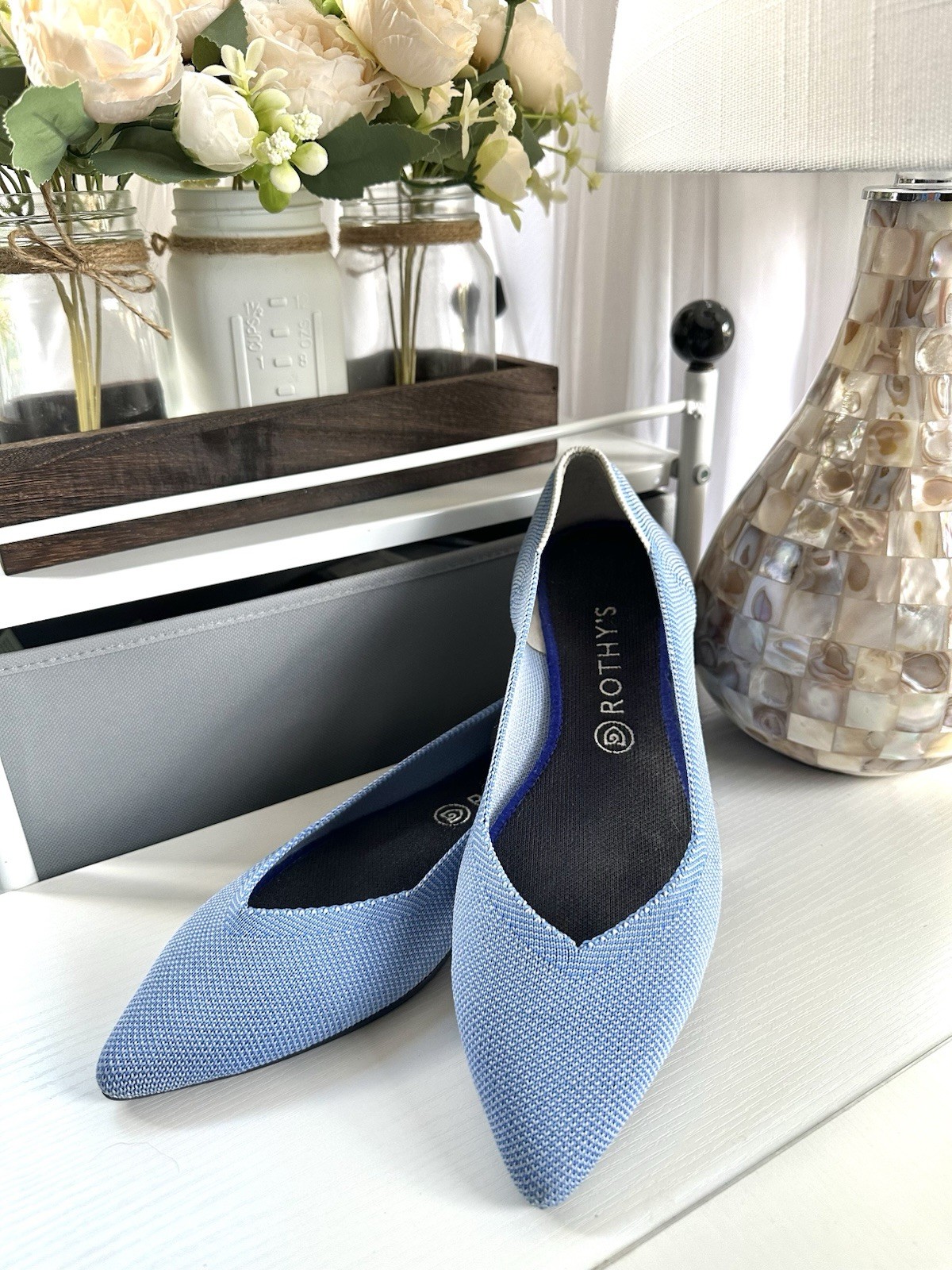 Rothy’s The Point Flats Women’s 10.5 Light Blue Knit Pointed Toe Washable EUC