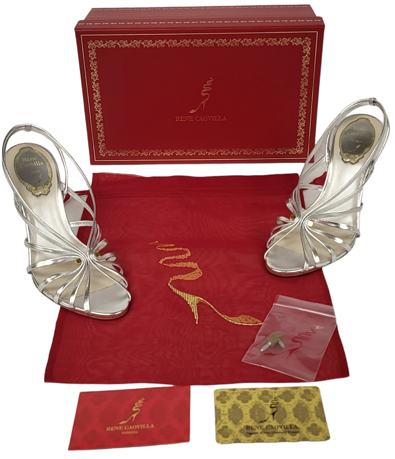 Rene Caovilla Sabine Metallic Leather Silver Lamb Sandals Heels (PICK YOUR SIZE)