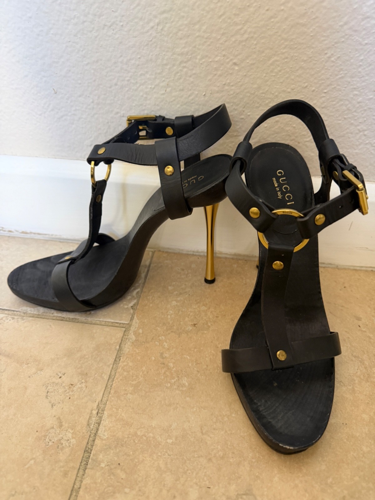 Gucci Black Leather Gold O-Ring Stiletto Sandals Size 37