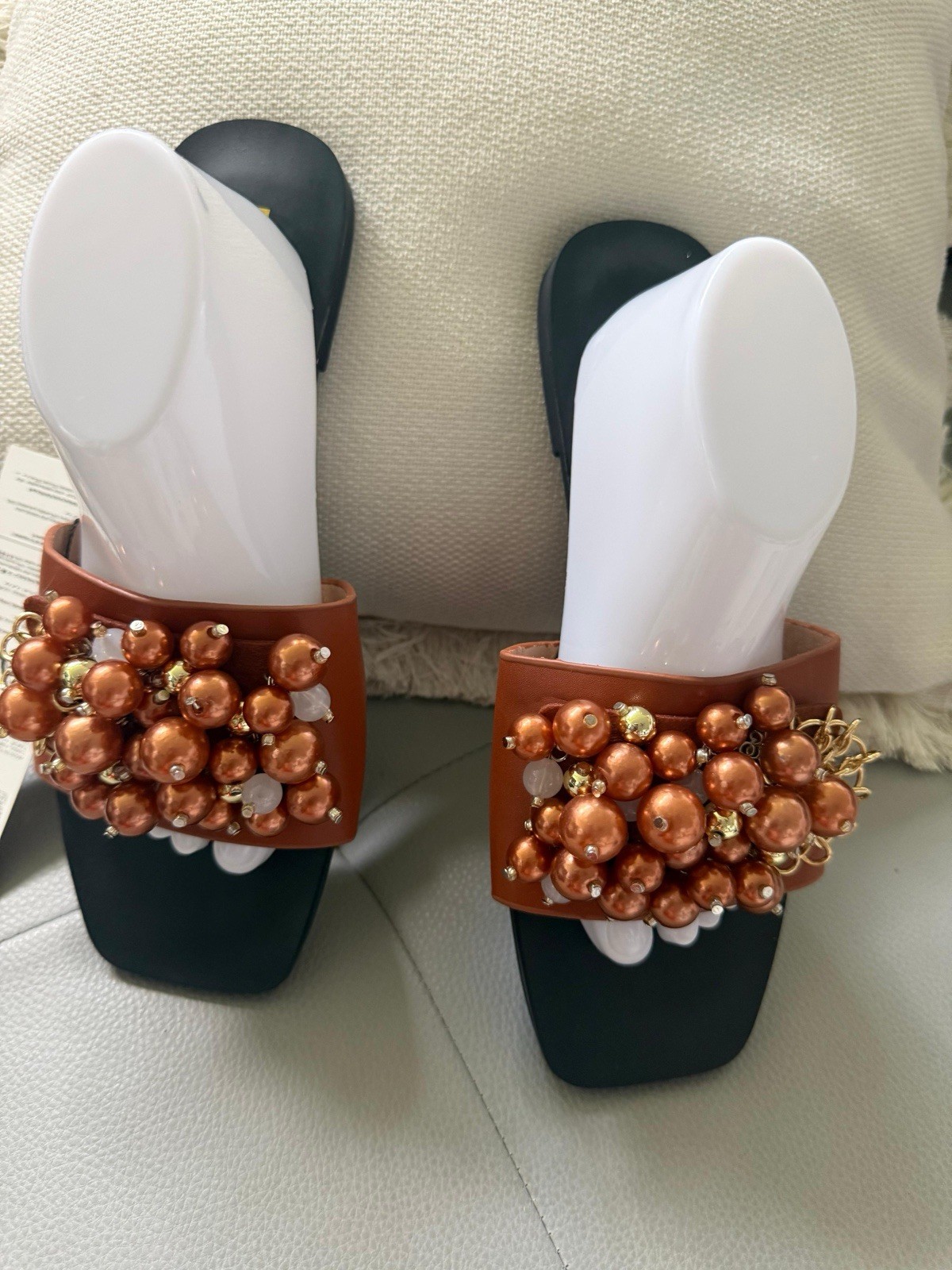 ZARA Women’s Brown Gold White Slide Sandals with Beaded Accent Slip-On Straps