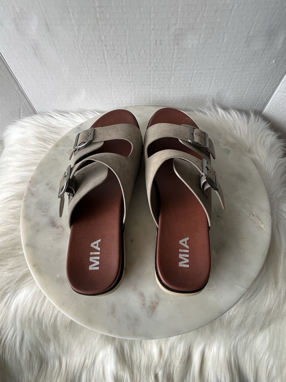 MIA Leila Women’s Size 8.5 Beige Brown Slide Sandals Double Straps and Buckle