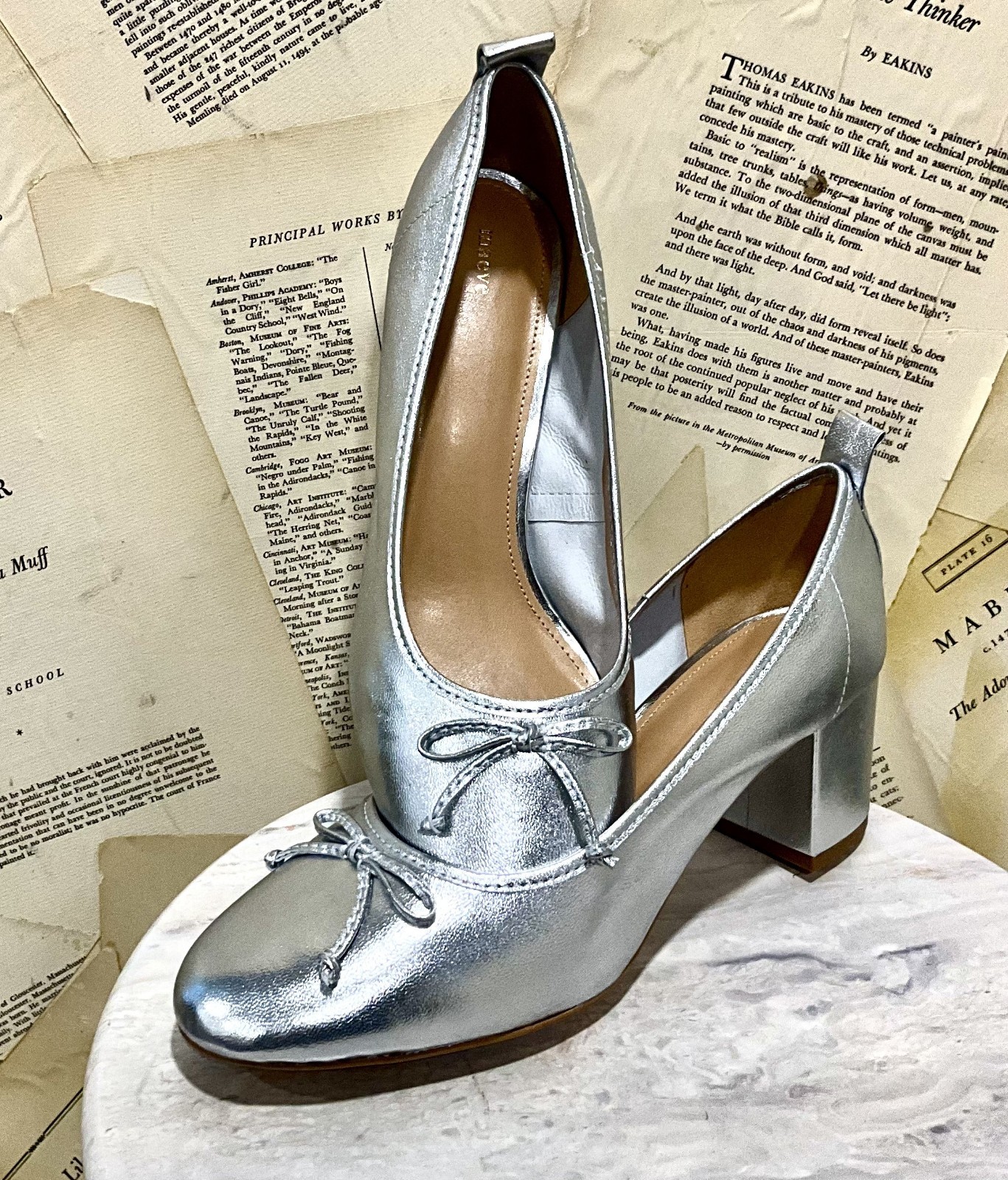 Anthropologie Maeve Heeled Ballet Pumps Silver Metallic Leather Bow 7.5 NEW