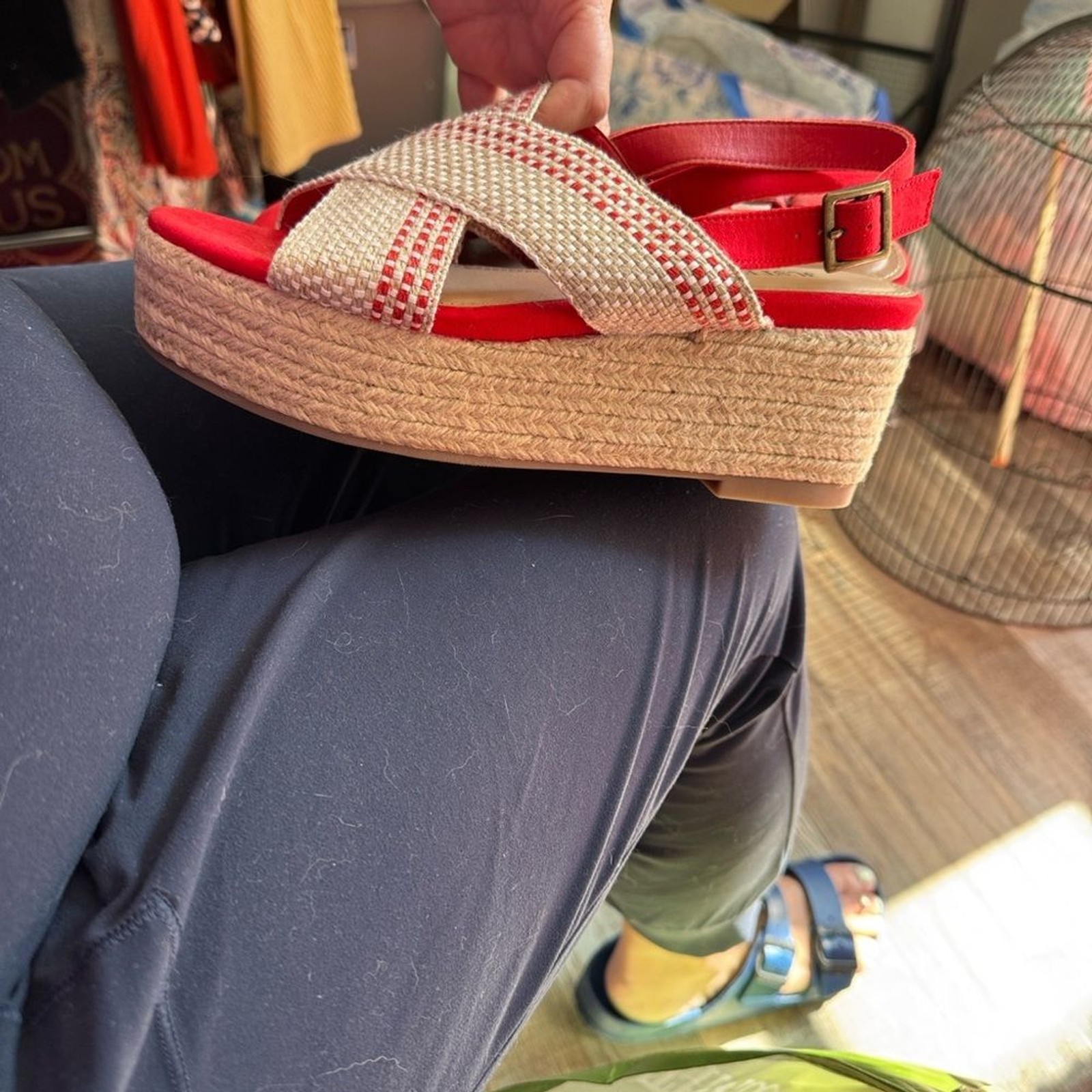 Justfab Red and Cream Woven Aura Platform Sandals