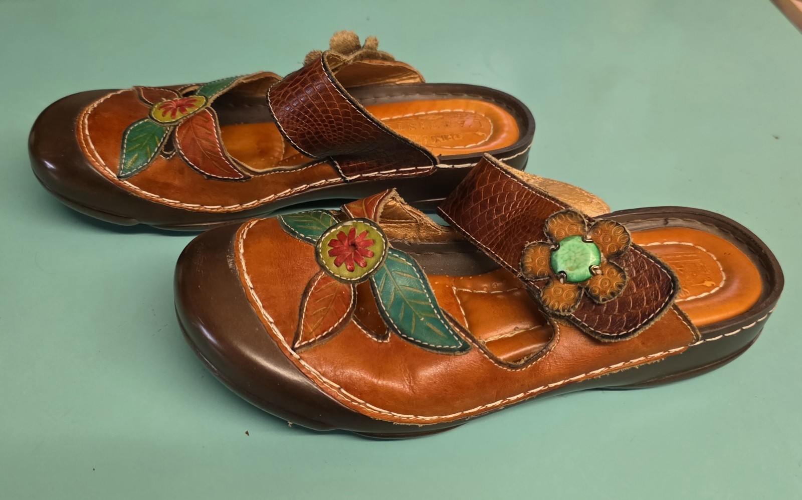 Spring Step L’Artiste Gladiolus Floral Leather Mule Red Brown EU Size 39 US 8.5