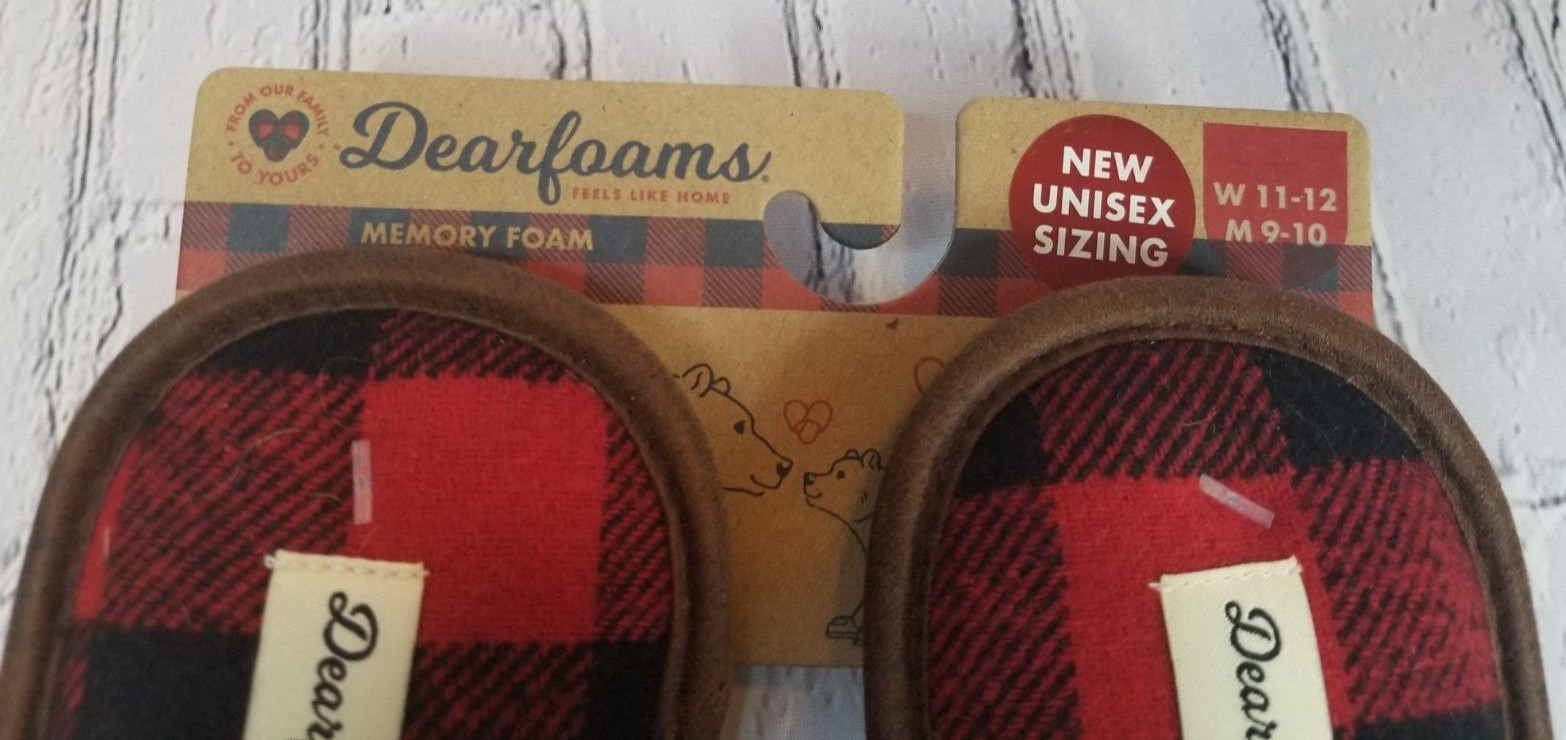 Dearfoams Grand Bear Slippers Unisex Faux Fur Red Blk Buffalo Check W11-12 M9-10