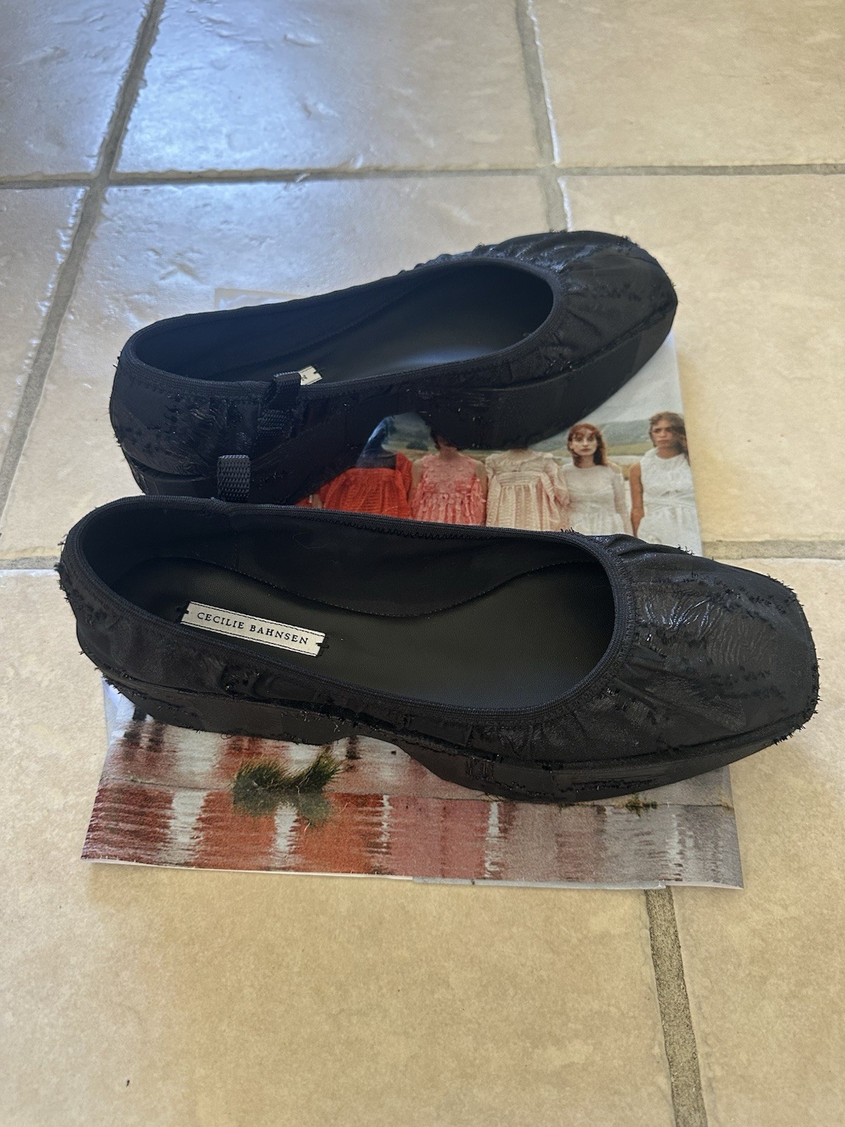 Cecilie Bahnsen Black Ballet Flats Square Toe Slip-On Floral Textured Cotton 9US
