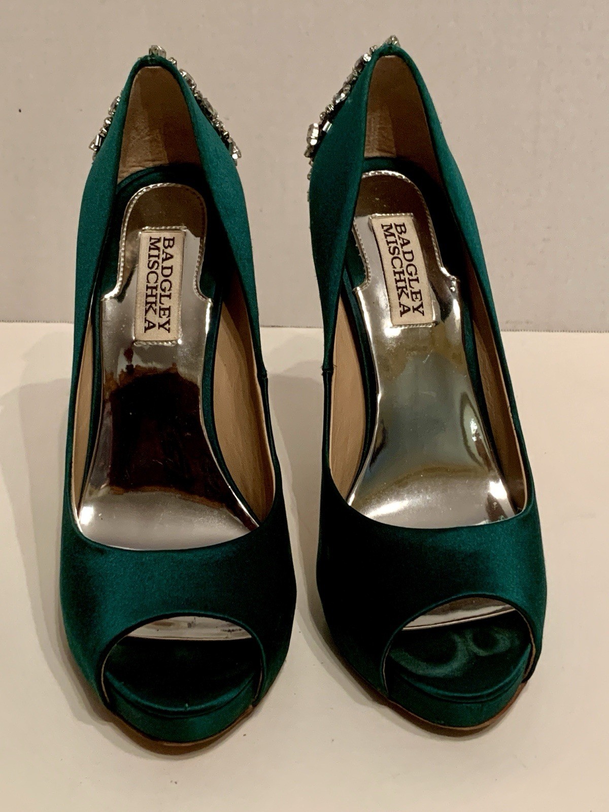 Badgley Mischka Kiara Embellished Peep-toe Pump, Satin Emerald Green, Women’s 7