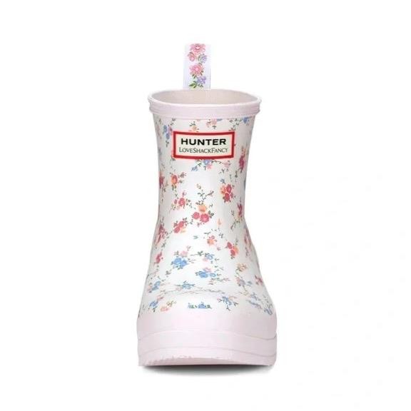 New NIB LoveShackFancy Hunter Play Sunrise Patchwork Pink Floral Short Rain Boot