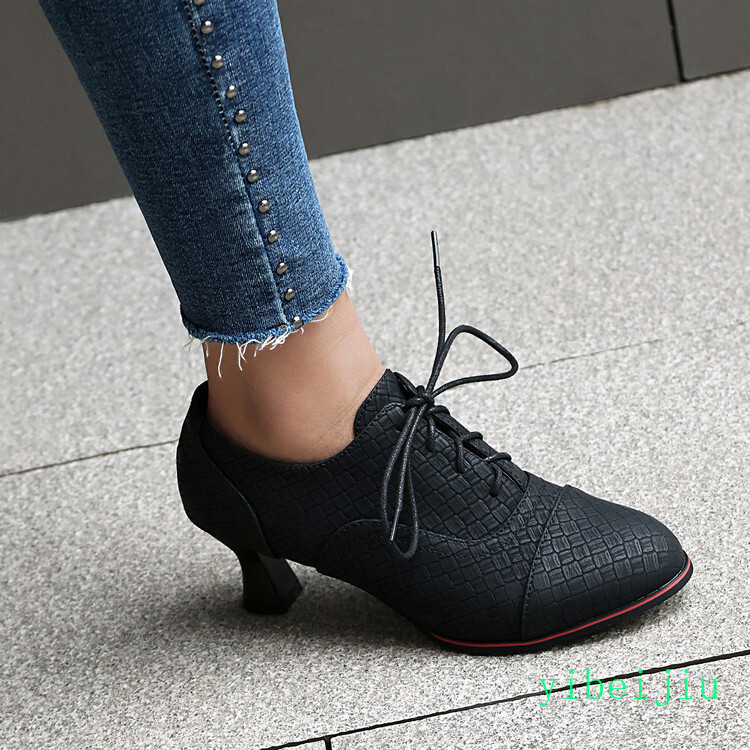Women’s Crack Check Mid Kitten Heels Shoes Lace Up Pumps Office Daily Plus Size