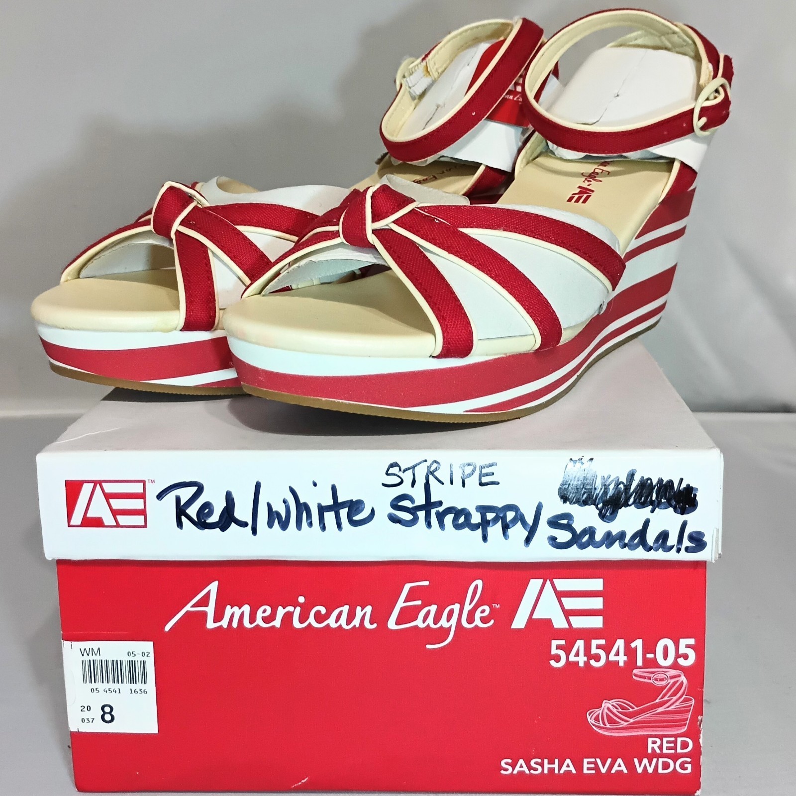 American Eagle 8 M Red White Sasha Eva Wedge Heel Stripe Strappy Shoe Summer