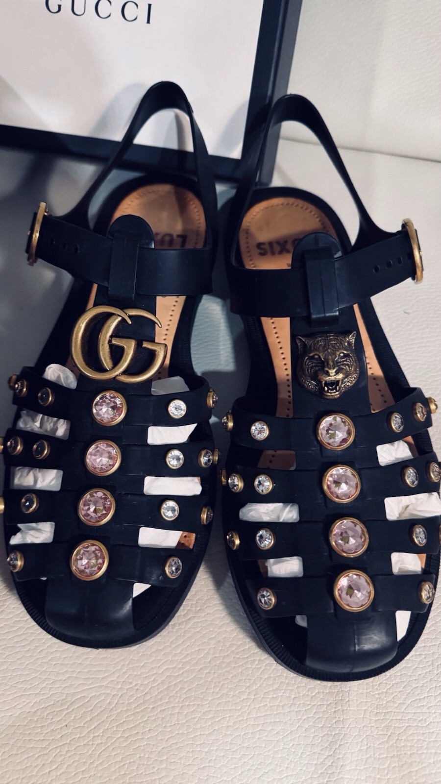 Gucci Marmont Crystals Bezel Cage Fisherman GG Feline Head Rubber Sandals 39 Bag