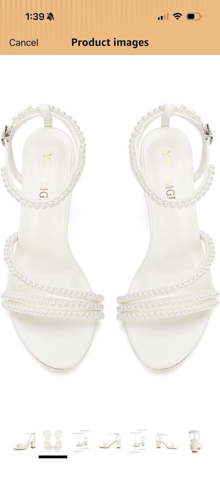 YAYNIGE Ivory Satin Pearl Beaded Ankle Strap Open Toe Buckle Heels 8.5