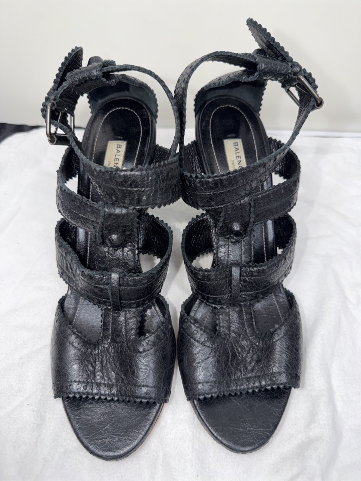 Balenciaga 39.5 Sandals Wedge Gladiator Caged Ankle Booties Covered Studs Poms