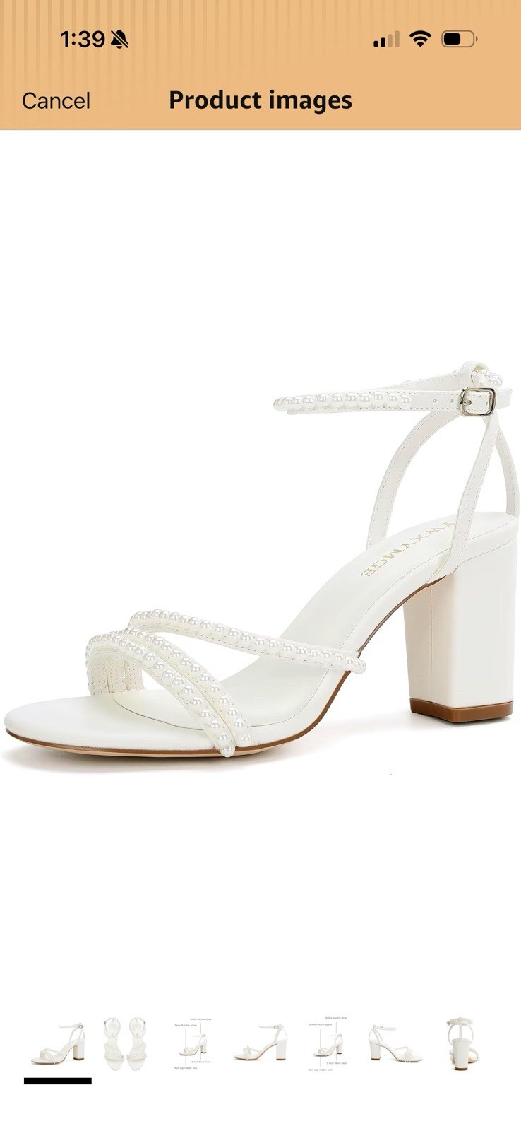 YAYNIGE Ivory Satin Pearl Beaded Ankle Strap Open Toe Buckle Heels 8.5