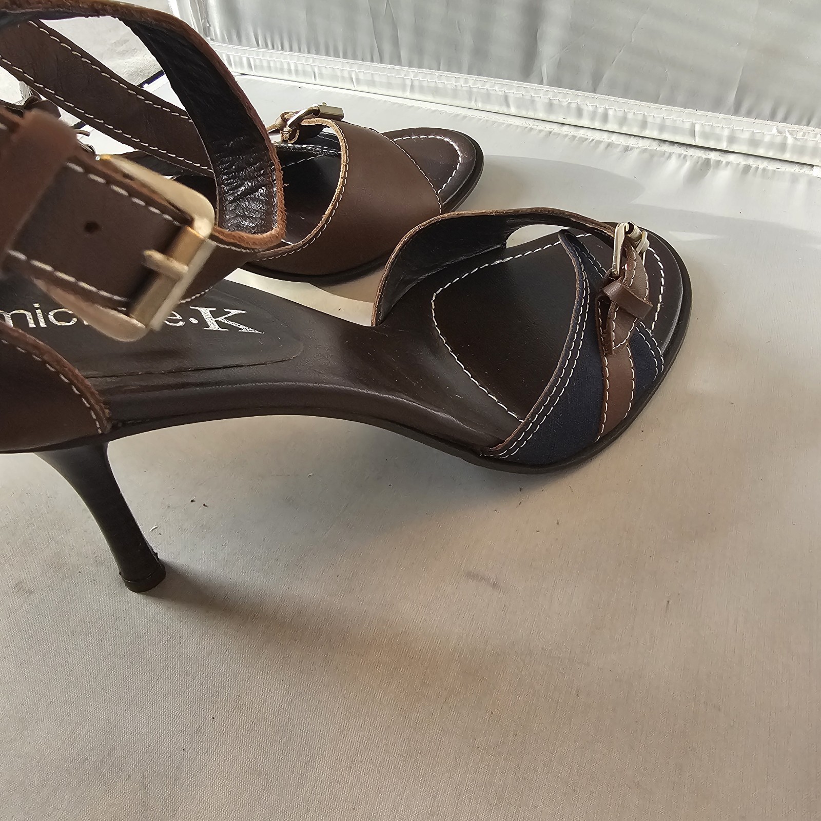 Michelle K Size 11 EU 41 Brown Navy 3.25″ High Heel Buckles Vero Cuoio Italy