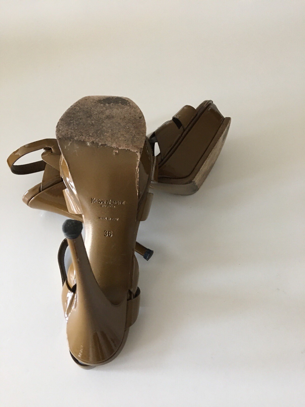 YSL YVES SAINT LAURENT TRIBUTE 105 PATENT LEATHER TAN HEELS SHOES SZ IT 36 US 6