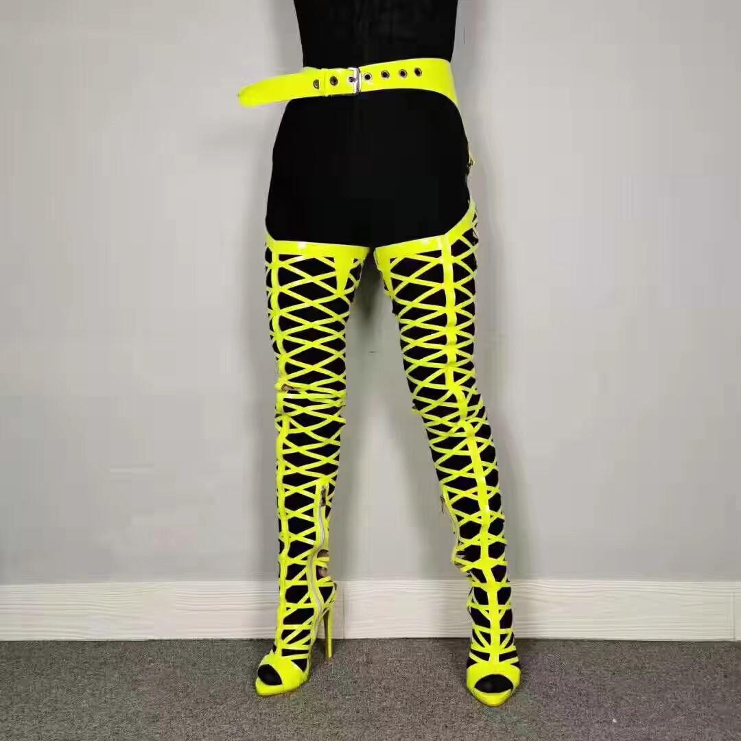 Women Boots Neno Bright Fishnet Crotch Thigh High Boots With Waist Belt Open Toe