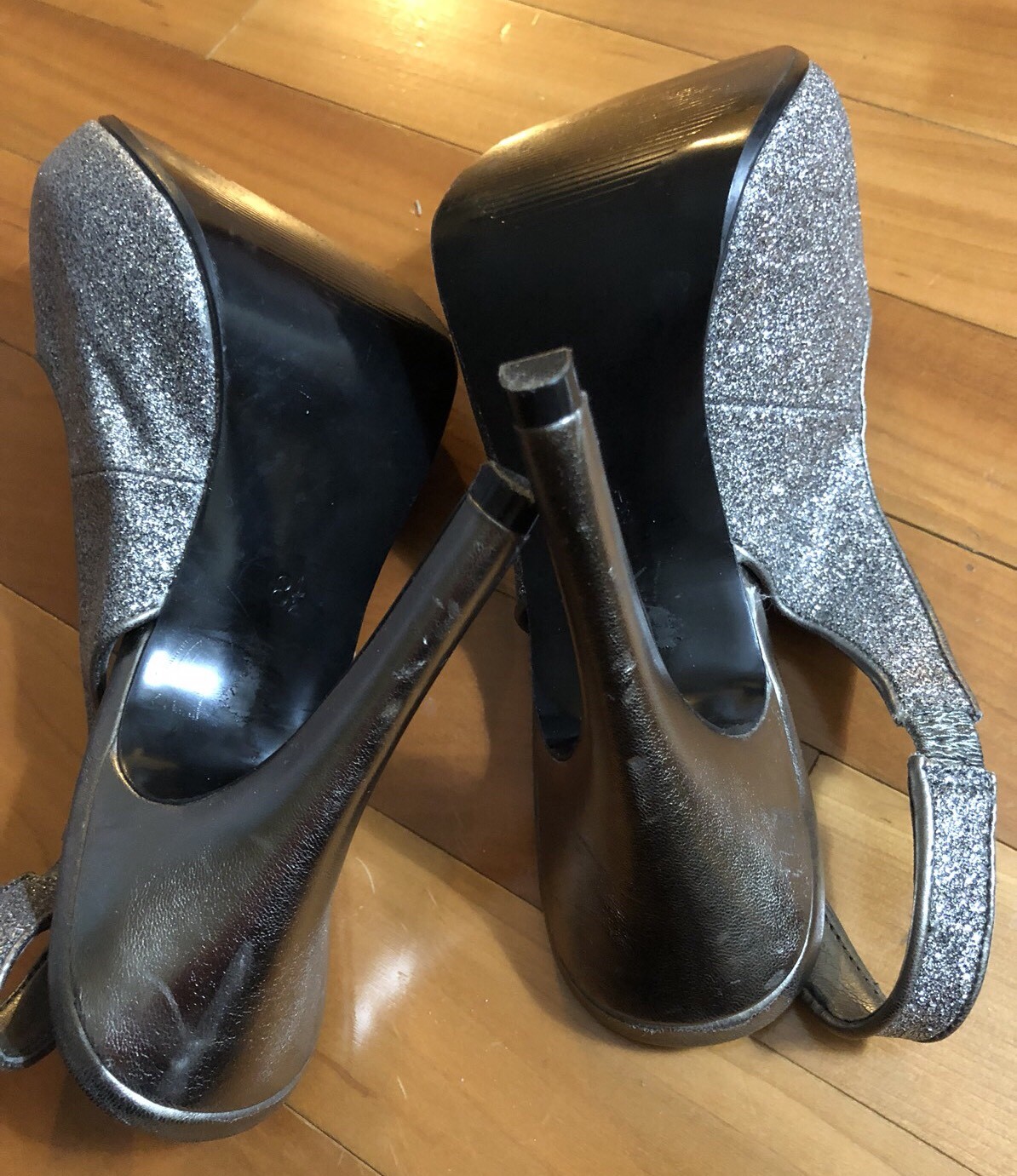 Lulu Townsend Dark Silver Glitter Open Toe Slingback Heels Size 8.5 Shoes