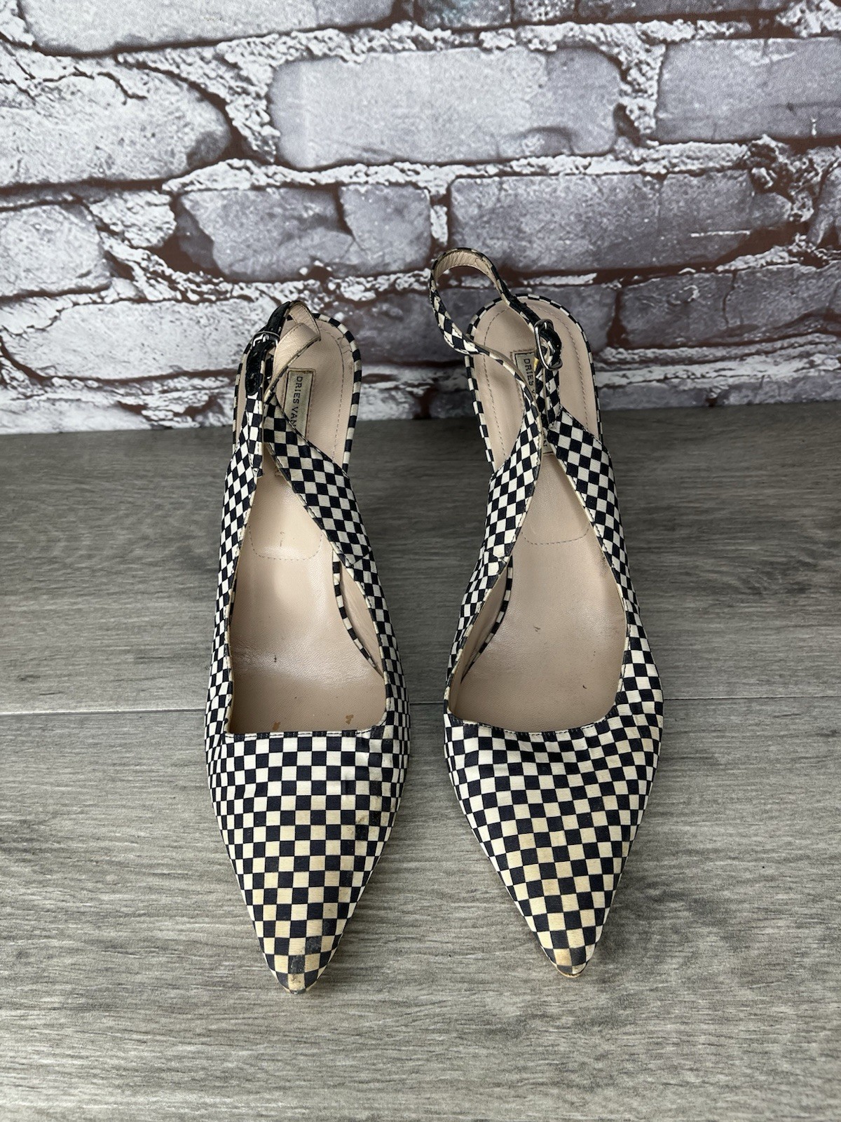 Dries Van Noten Black White Checkered Straps Pumps Heel Shoes Women 39.5EU/9M US