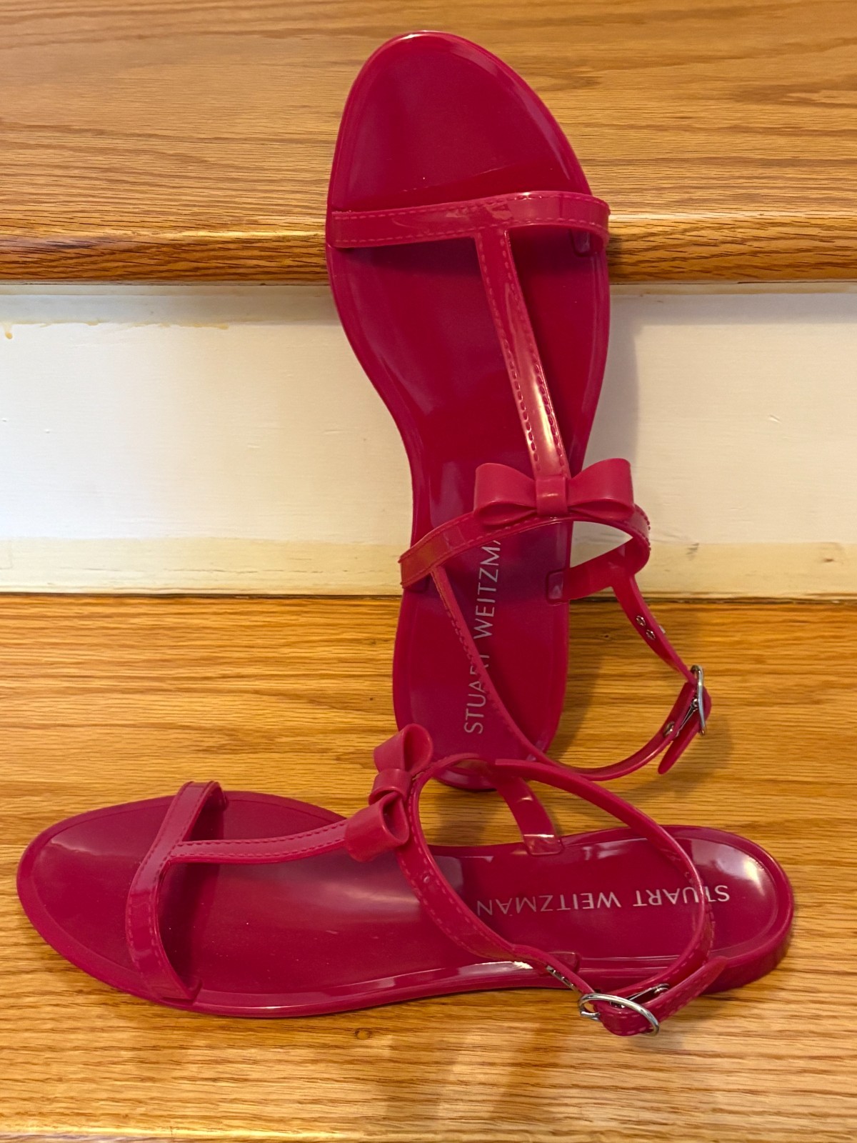 STUART WEITZMAN MELLIE FUSCHIA BOW JELLY T-Strap Slingback Sandals Sz 11B