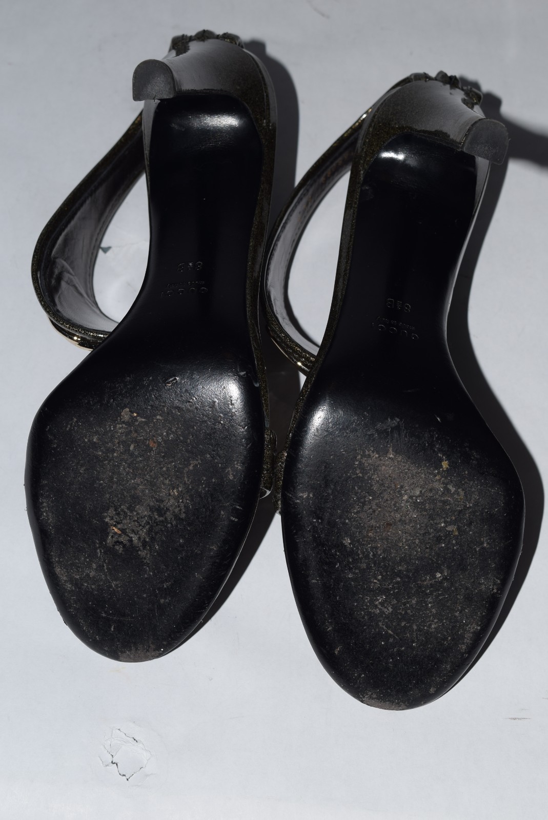 Vintage Gucci Glitter Logo Double G’s Leather Heels sz 38.5/8.5 Anthracite Black