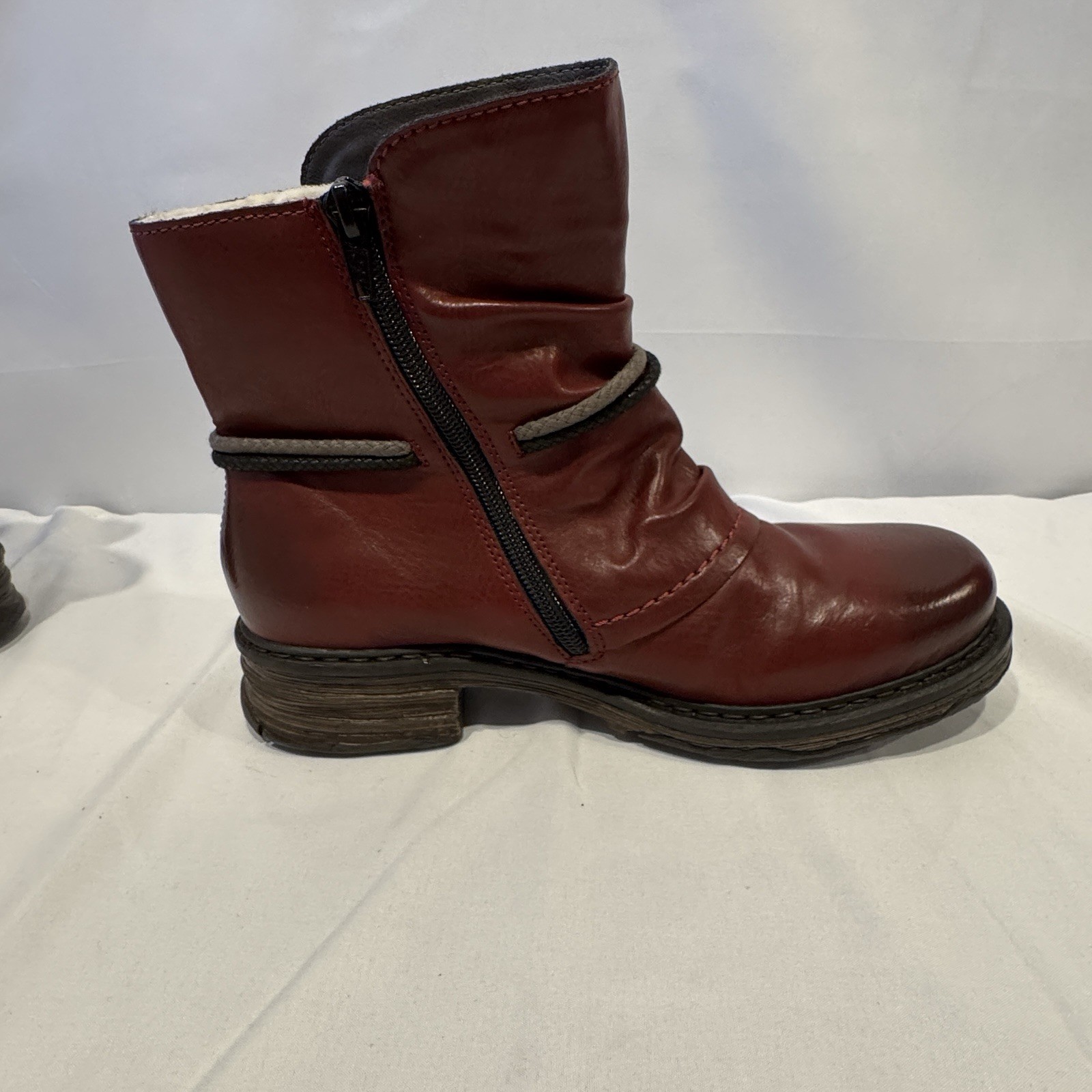Rieker Womens Size 7 EUR 38 Ankle Boot Felice Wine Faux Leather Ruched Upper NWT