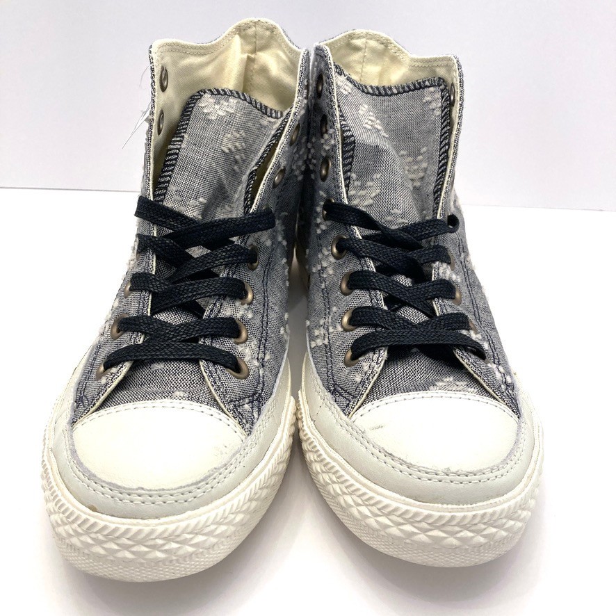 Converse All Star High Top M 7.5 W 9.5 Blue Chambray Canvas Leather Woven Hearts