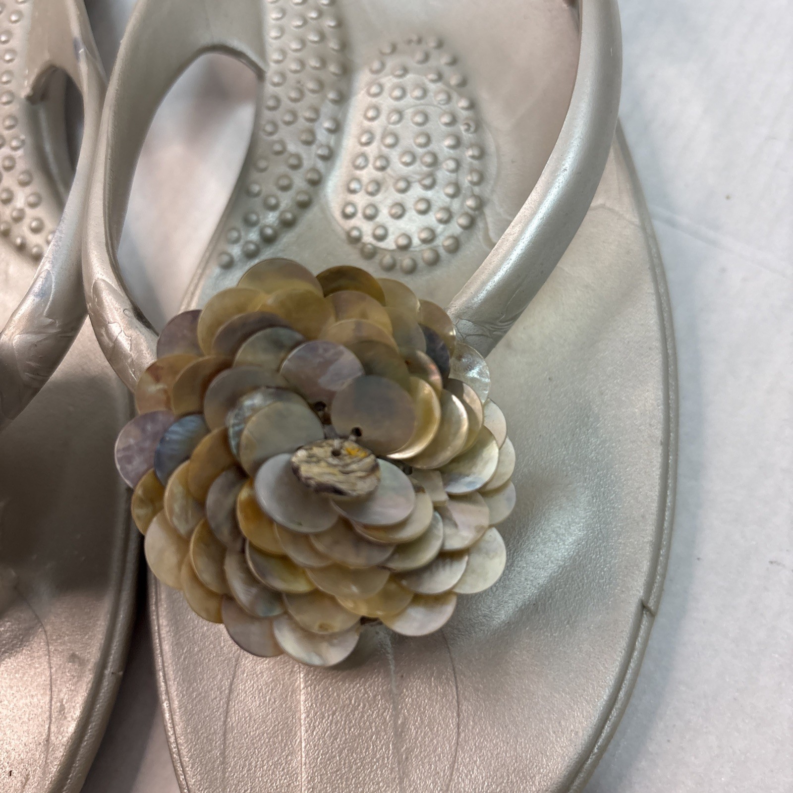 Oka B Flip Flop Sandals with Floral Embellishment Gray Womens Size Med Lg Rubber